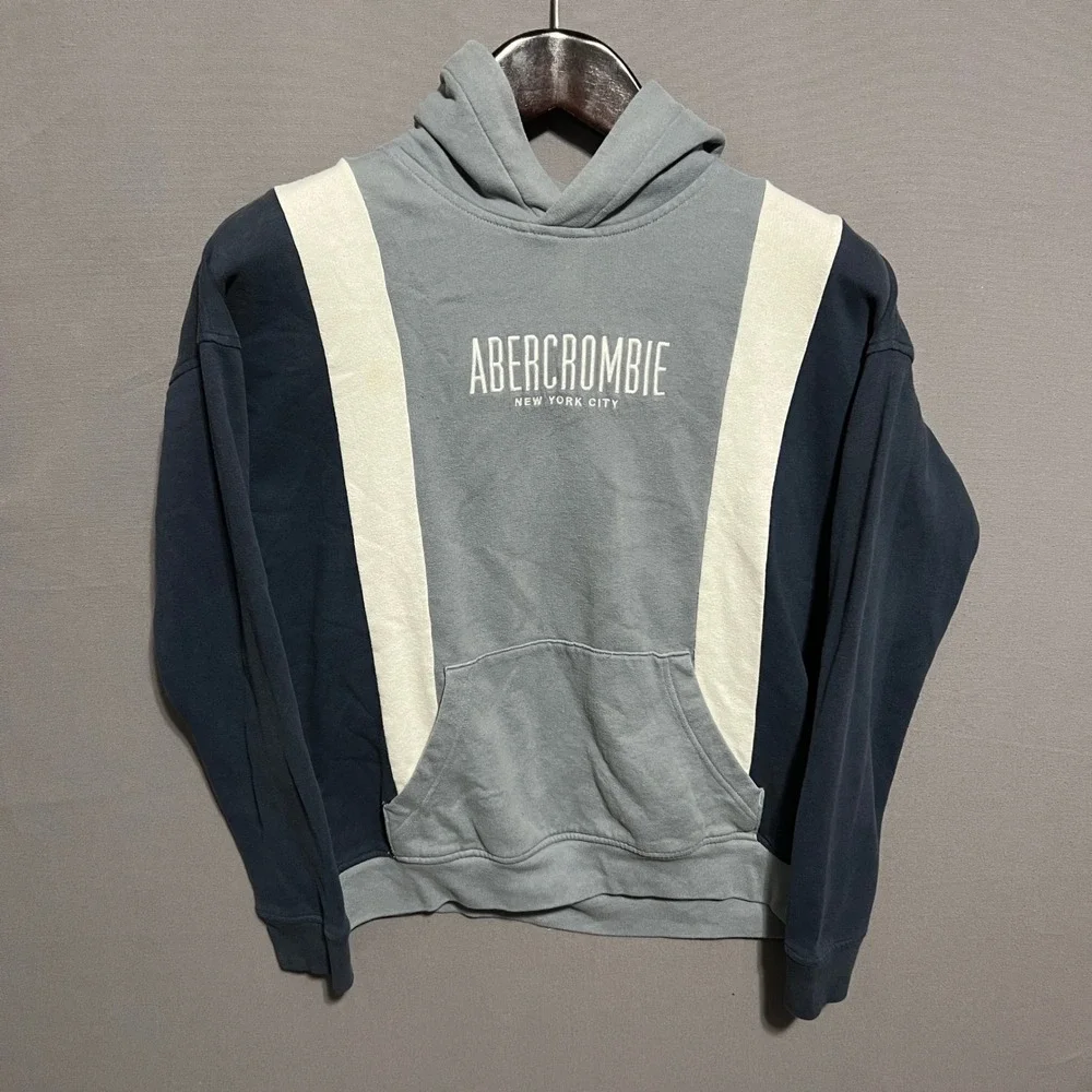 Abercrombie & Fitch NYC Colorblock Hoodie Blue Navy Cream Mens XS
